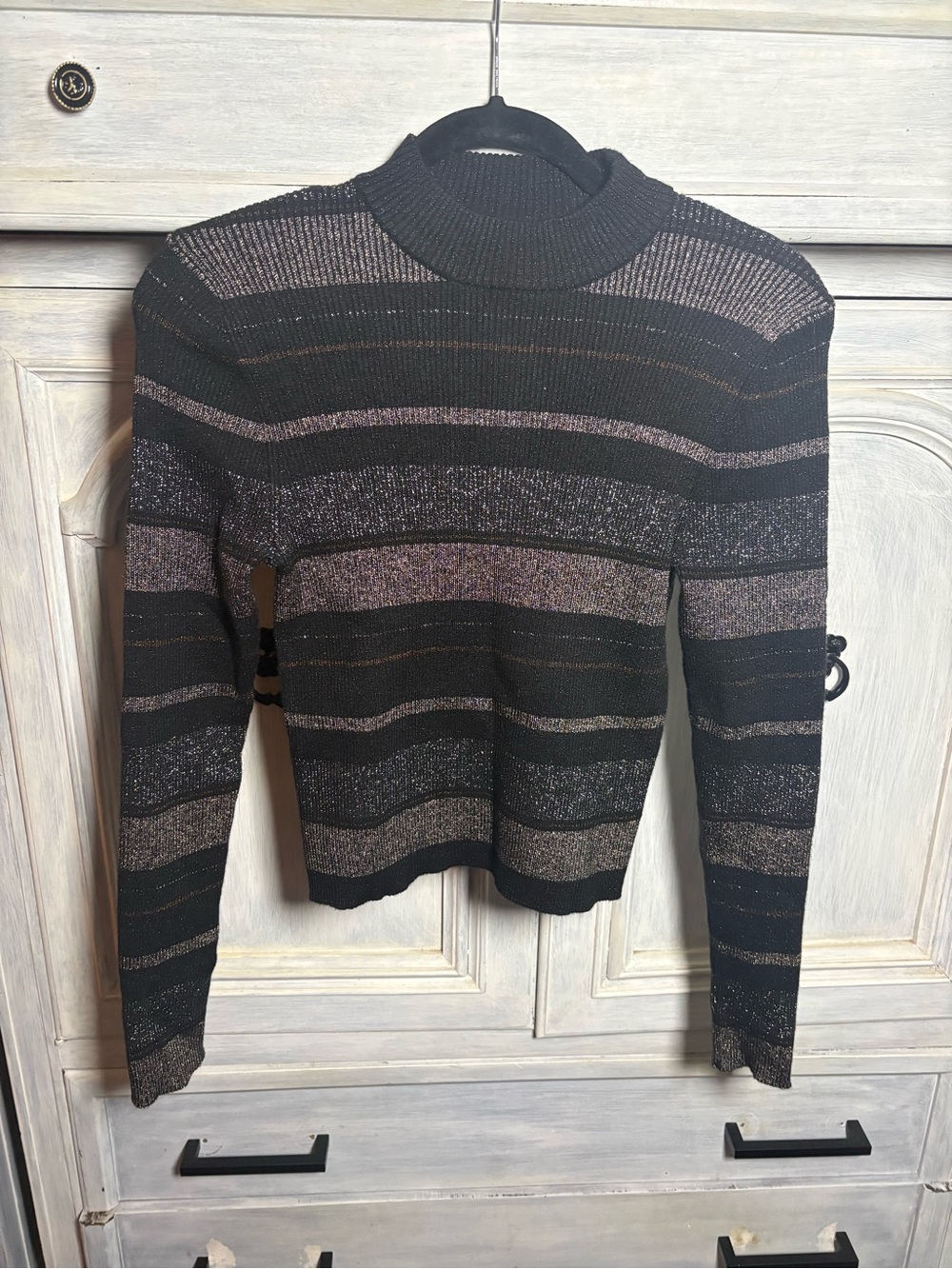 House Of Harlow Black Metallic Striped Mockneck Sweater Preppy Office Basic - Picture 2 of 6
